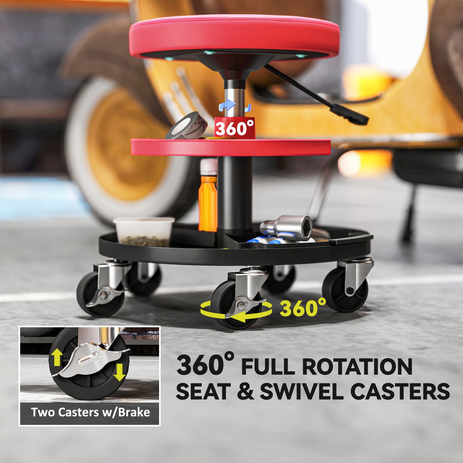 HOMCOM Rolling Mechanic Stool, 135kg Capacity Workshop Stool, 360° Swivel Roller Padded Creeper Seat with Wheels, Tool Trays Storage for Garage, Shop, Auto Repair, Red - Image 7