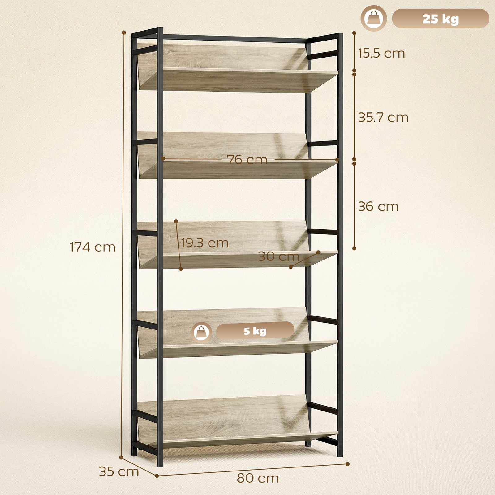 HOMCOM Bookshelf 5-Tier Metal Frame Bookcase Storage Shelves for Living Room Oak - Image 3
