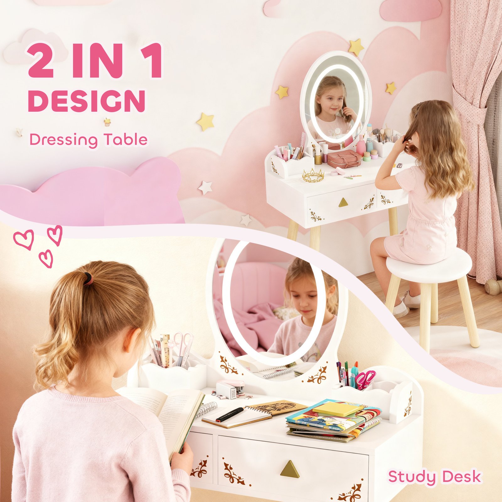 AIYAPLAY Kids Vanity Table and Chair Set with 3-Colour LED Lights Mirror, Drawer, Storage Boxes, for 3+ Years, White - Image 5