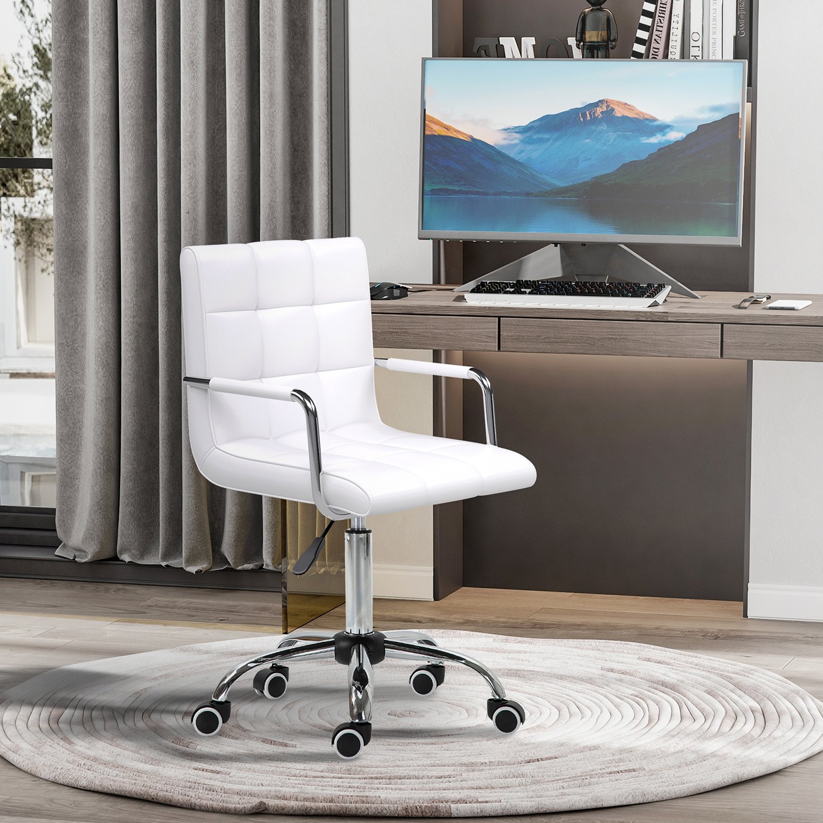 Vinsetto Makeup Vanity Chair, PU Leather Mid Back Office Chair with Adjustable Height, Armrest and Rolling Wheels, White - Image 2