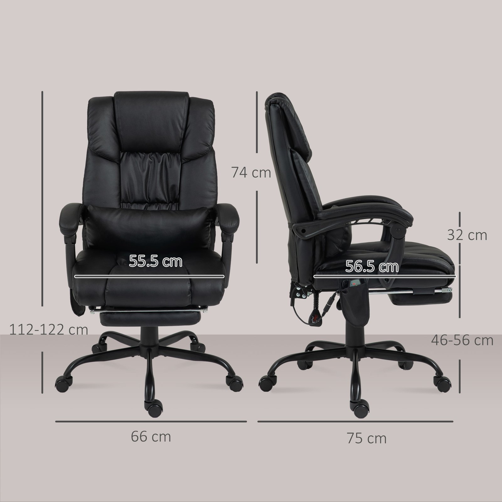 Vinsetto 6-Point Massage Office Chair, PU Leather Desk Chair with Adjustable Height and Footrest for Home Office, Black - Image 3