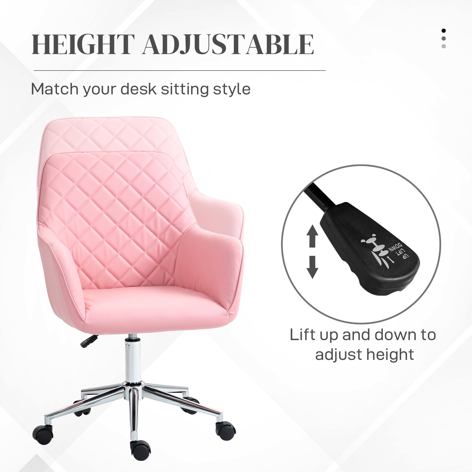 Vinsetto Office Desk Chair, Leather-Feel Fabric Computer Swivel Chair with Rolling Wheels and Adjustable Height for Home, Pink - Image 4