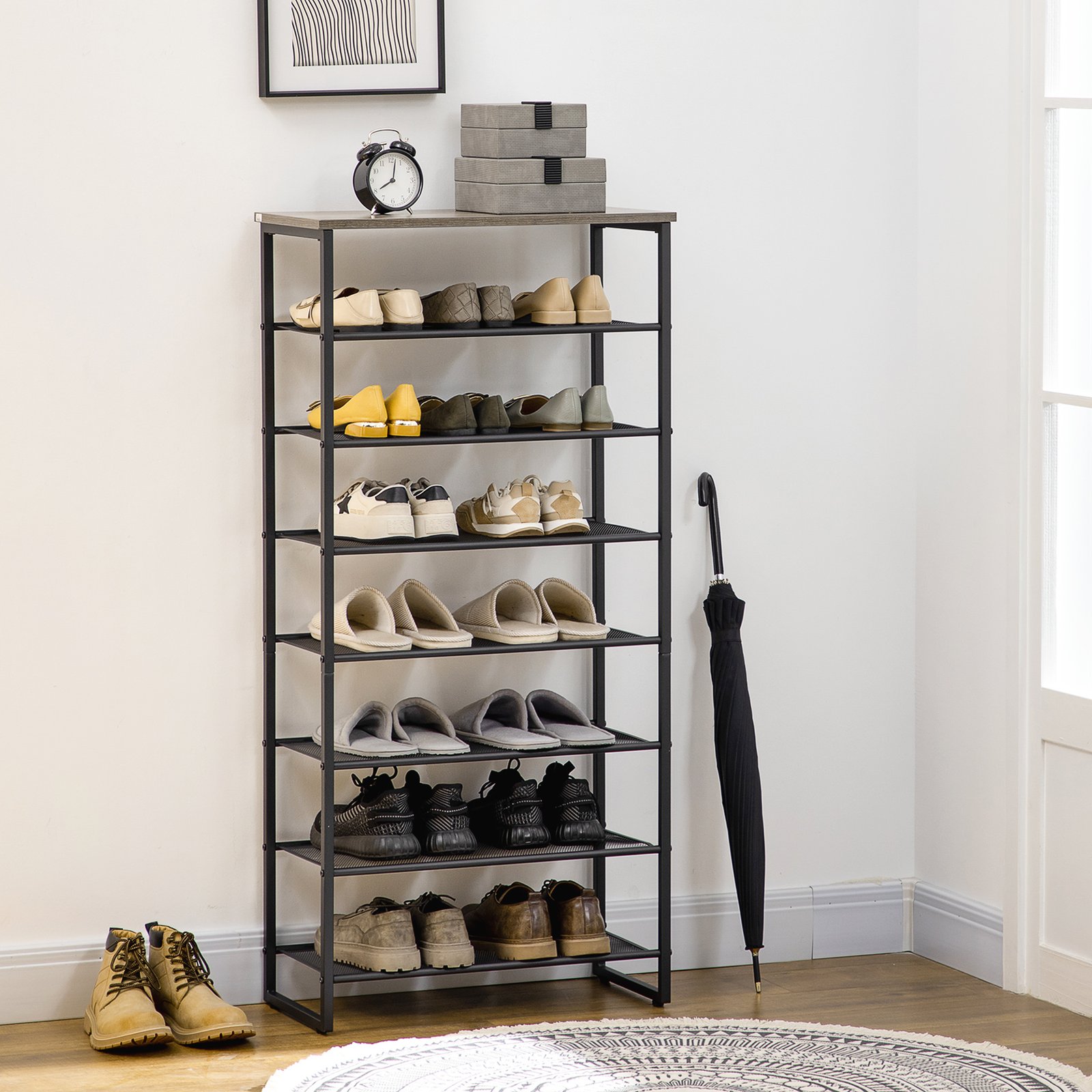 HOMCOM 8-Tier Shoe Rack, Shoe Storage Organizer with Mesh Shelves, Free Standing Shoe Shelf Stand for 21-24 Pairs of Shoes for Entryway, Hallway, Closet, Grey - Image 2