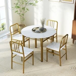 5 SET Dining Table Set Round Kitchen MARBLE AFFECT top + 4 chairs itzcominghome