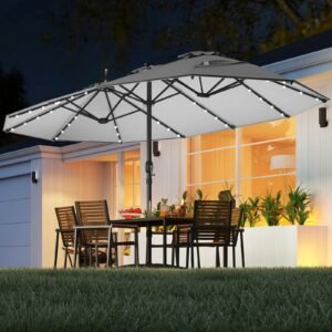 440 cm Extra-Large Patio Umbrella with LED Solar Lights and Base for Garden Deck Lawn Pool Backyard