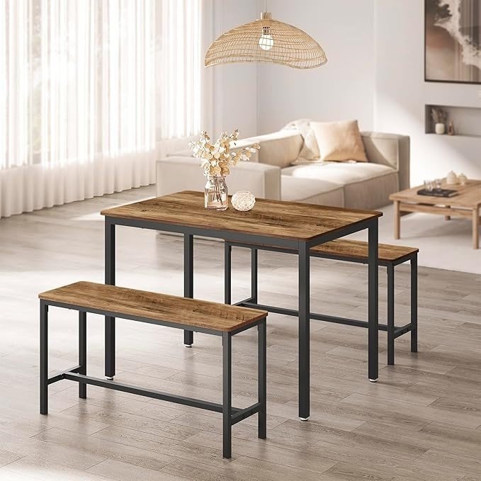 Dining Table Set Wooden Modern Bench Kitchen Room INDUSTRIAL 3 SET itzcominghome