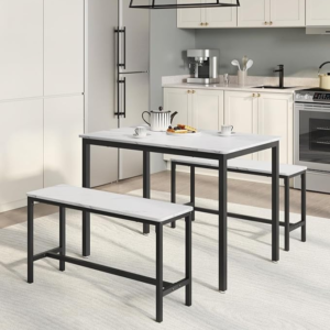 Dining Table Set Wooden Marble Modern WITH 2 Benches Kitchen Room itzcominghome