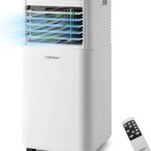 COSTWAY 7000/9000BTU Portable Air Conditioner, 4 in 1 Mobile Cooler, Dehumidifier, Fan with Sleep Mode, Remote Control, 2 Fan Speeds, 24H Timer, LED Display & Protective Function (9000BTU,Black+White)